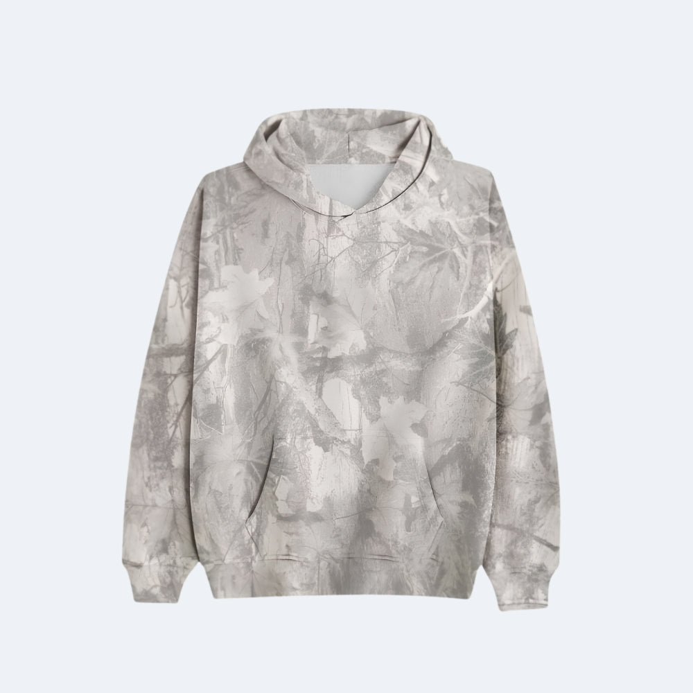 Frost. A light gray and white abstract patterned hoodie with a front kangaroo pocket.