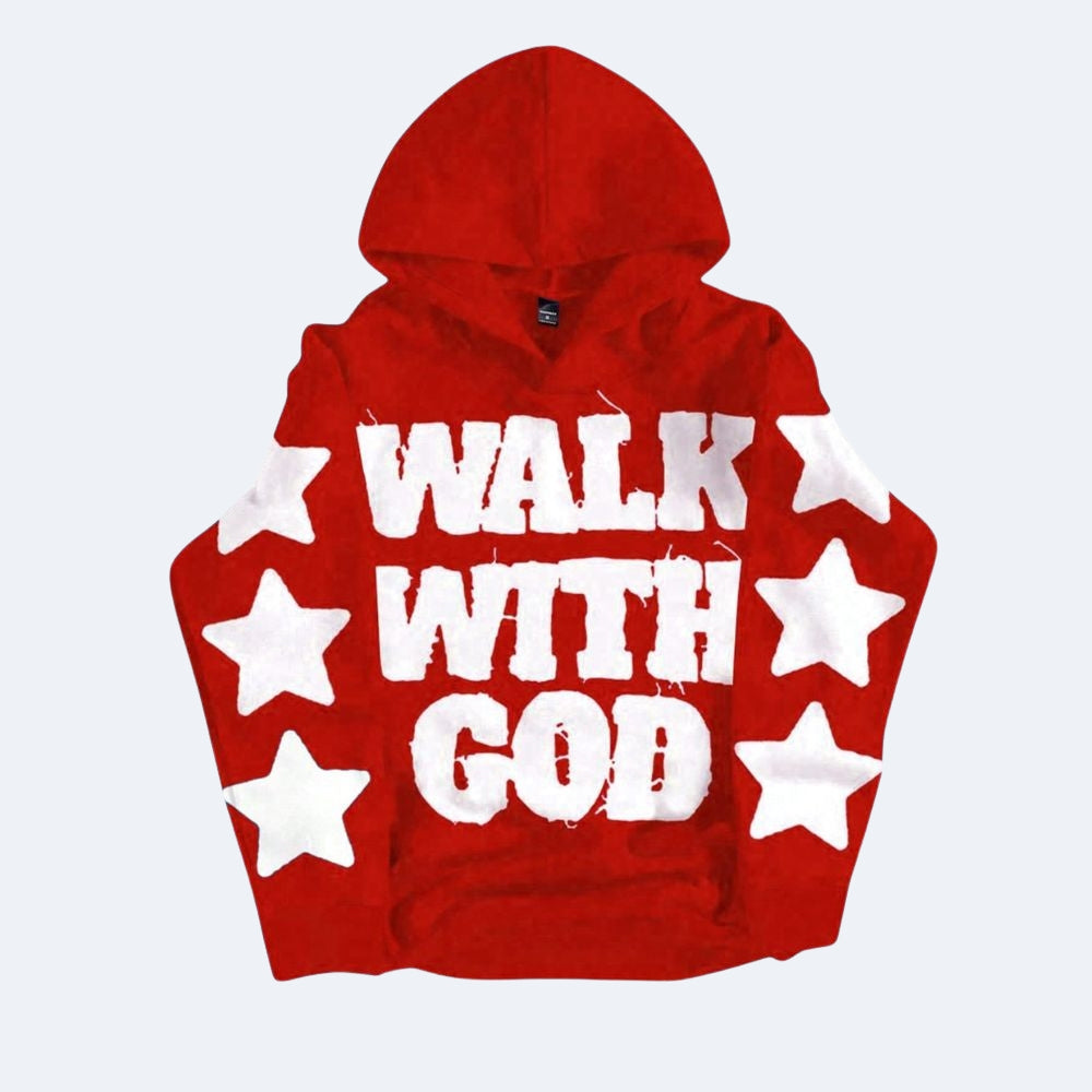 Red. A red pullover hoodie with WALK WITH GOD printed in distressed white letters across the chest, surrounded by white stars on both sleeves.
