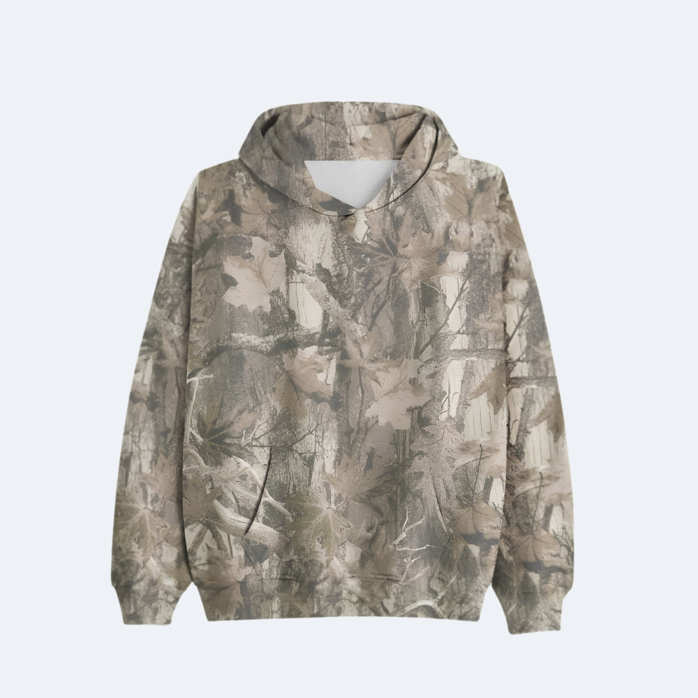 Birch. A long-sleeve pullover hoodie featuring an all-over camouflage pattern in shades of beige, brown, and gray.