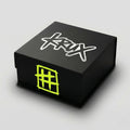 Black box with white and green designs on a gray background