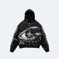 Black. A black hoodie with an eye design and text, shown against a white background.