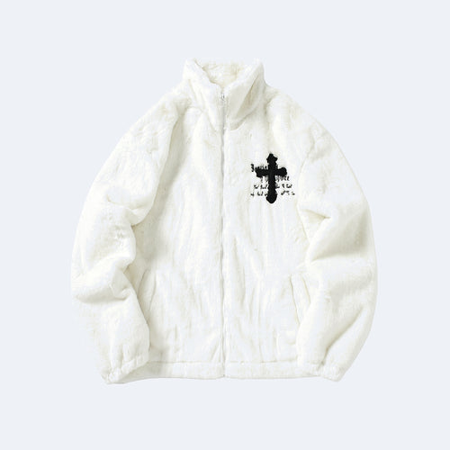 White. A white plush zip-up jacket with a black cross graphic on the left chest.