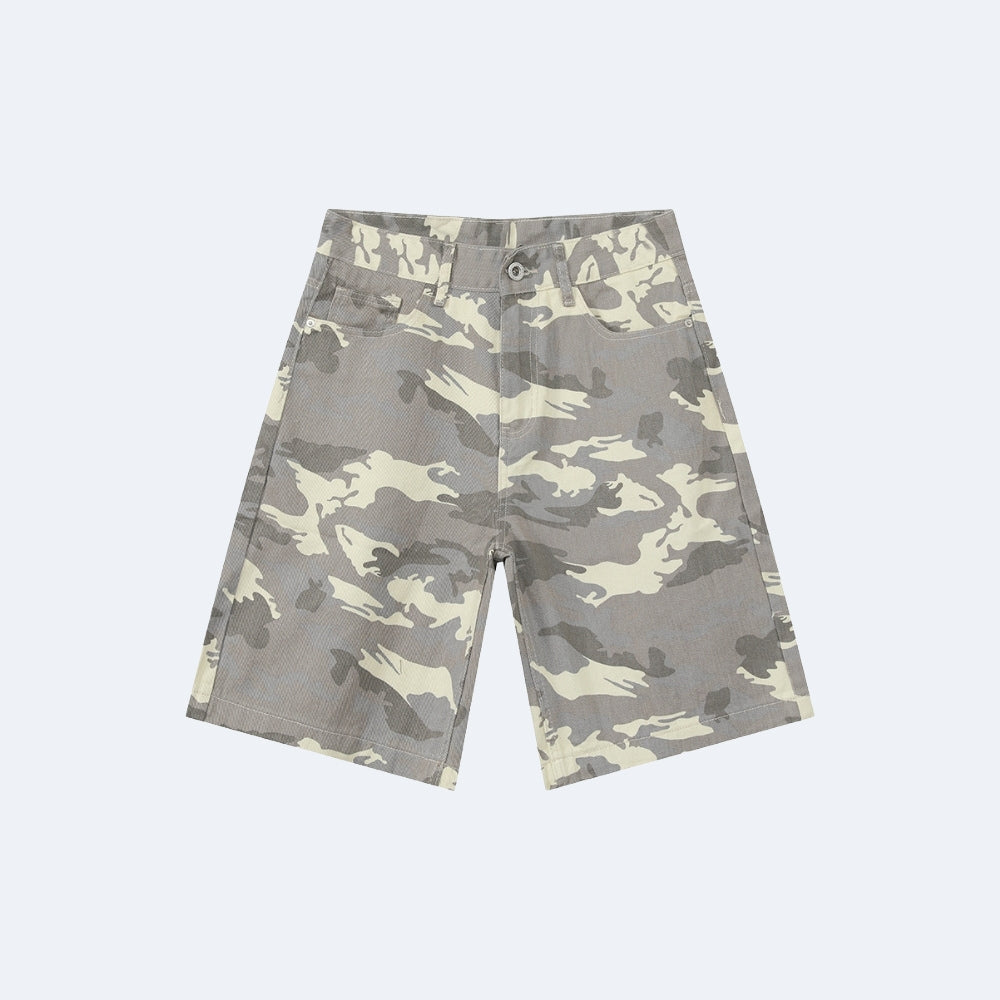A pair of kids' camouflage shorts in a gray, beige, and brown camo pattern, shown flat on a light gray background.