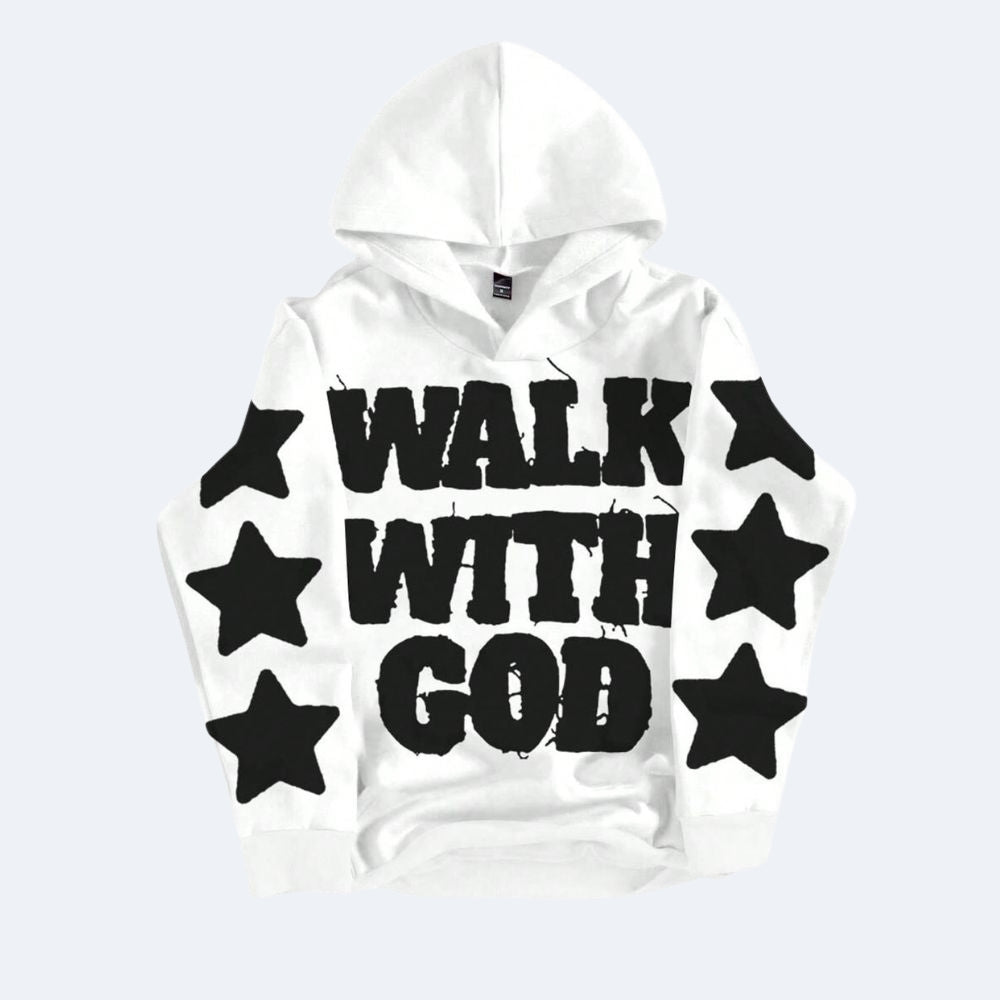 White. A white pullover hoodie with a black graphic print that reads WALK WITH GOD in a distressed stencil font, surrounded by six black stars on the front.