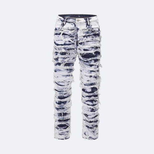 KRUX Shattered Ice jeans, flat lay with white and black marbled wash and heavy fraying
