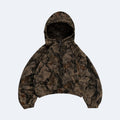 Brown. A hooded zip-up jacket with an all-over brown and black camouflage pattern, displayed flat.
