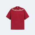 Red. A red short-sleeve t-shirt with SmakenoChoice written across the chest in a cursive, textured white font.