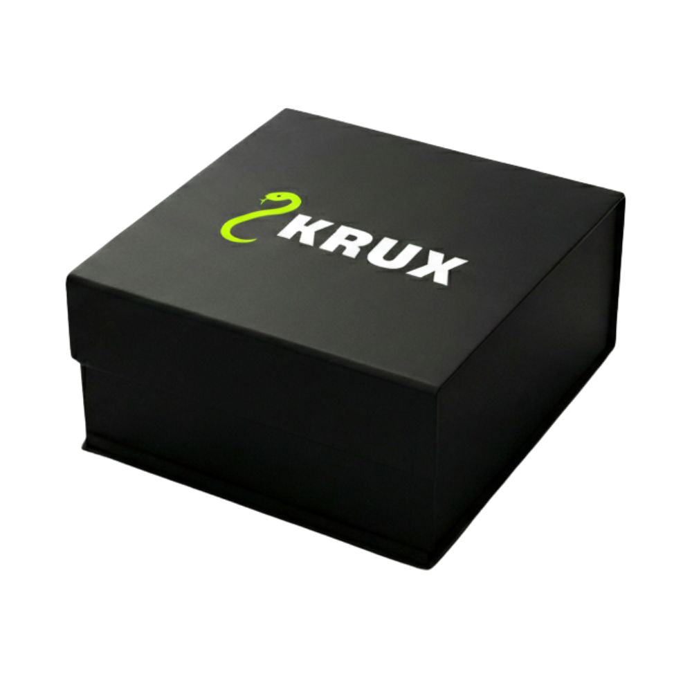 Black box with 'KRUX' logo on a white background