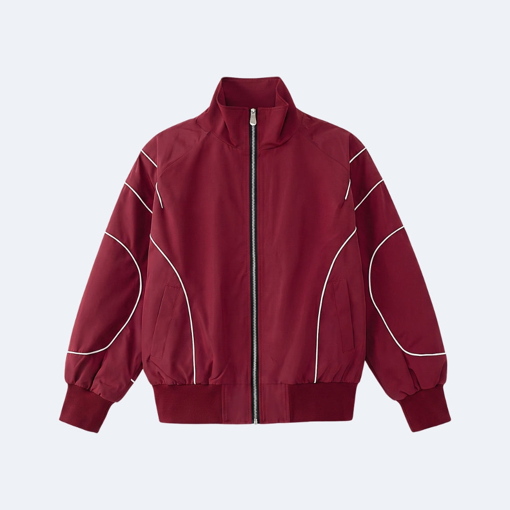 A maroon zip-up jacket with white curved piping details on the sleeves, shown against a light gray background.
