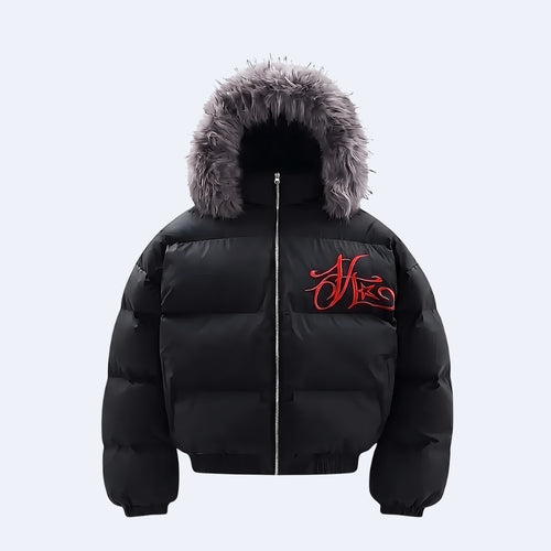A black puffer jacket with a gray faux-fur trimmed hood and a red embroidered logo on the left chest, shown against a light gray background.