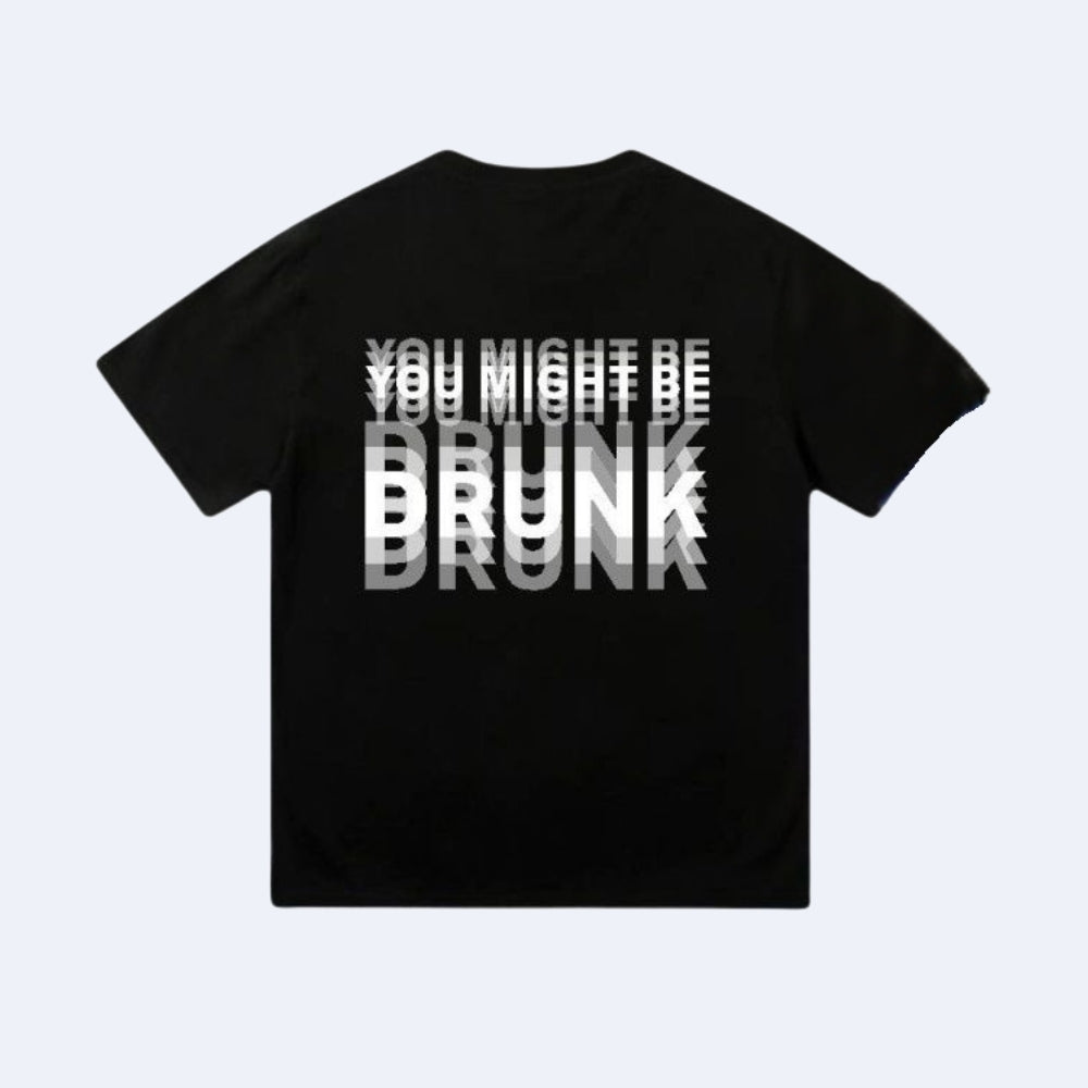 Black. KRUX You Might Be Drunk black t-shirt, flat lay back view with the layered DRUNK graphic print