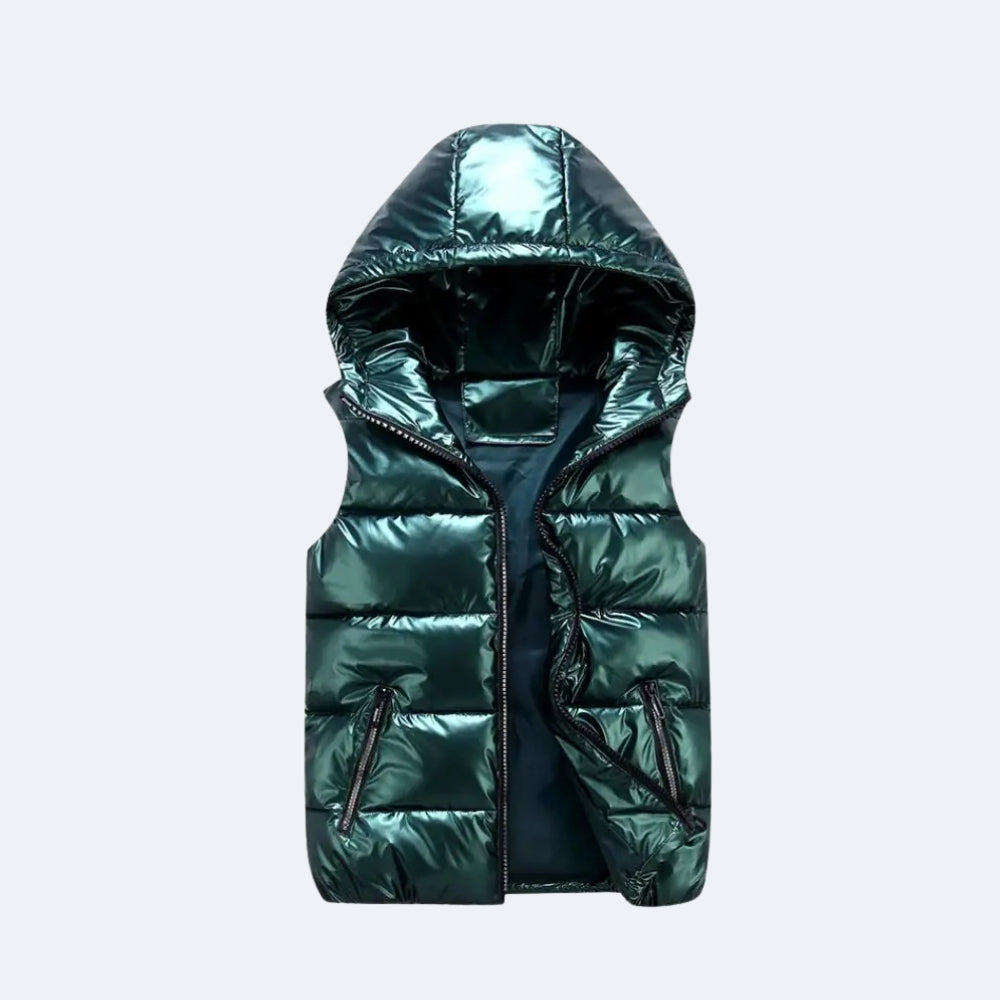 Green. A shiny dark green hooded puffer vest with horizontal quilting and front zipper pockets.