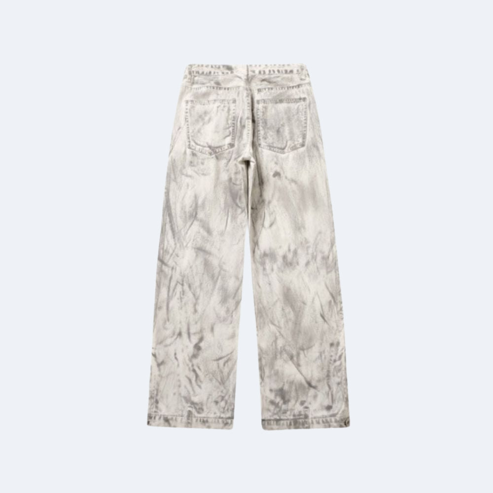 A pair of wide-leg jeans featuring a distressed, acid-washed, or tie-dye style pattern in off-white and gray, shown flat against a light gray background.