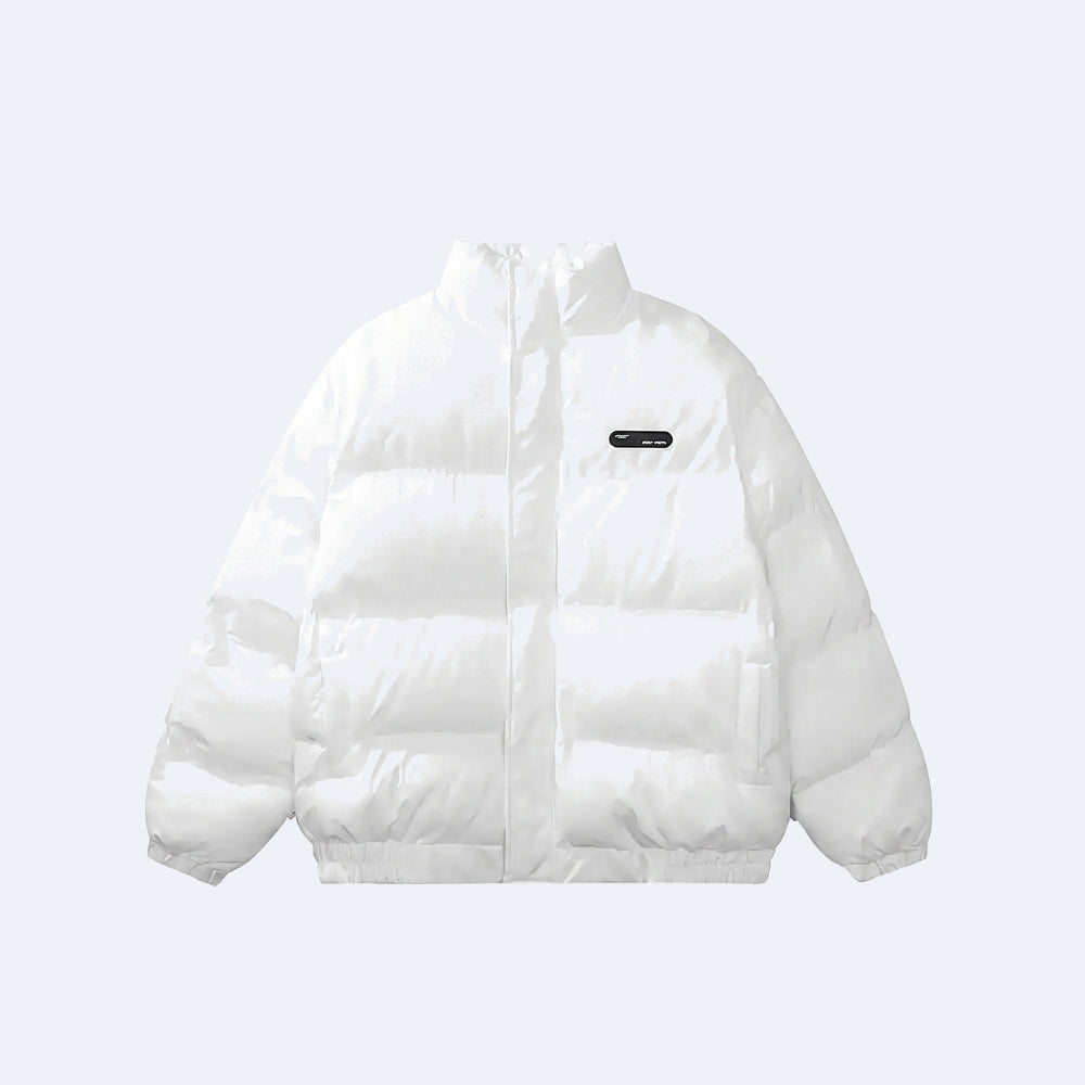 White. A white puffer jacket with horizontal quilting, a stand-up collar, and a small black rectangular logo patch on the left chest.
