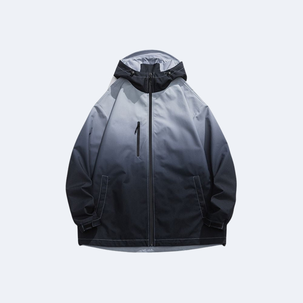Black. A hooded zip-up jacket with a smooth gradient from light gray at the shoulders to black at the hem and sleeves.