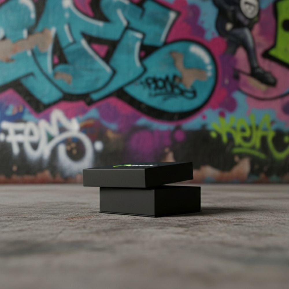 Black rectangular object on a textured surface with colorful graffiti in the background