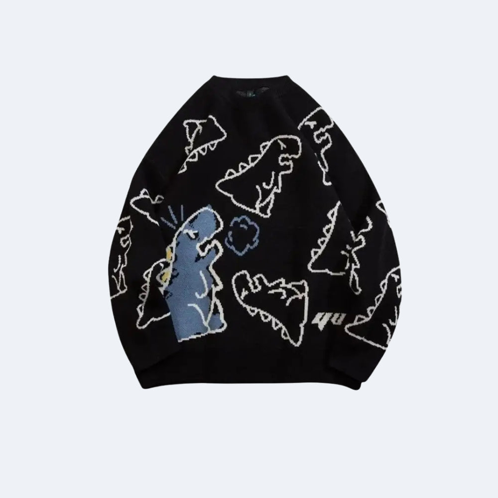 Black. A black crewneck sweater featuring a knitted pattern of white dinosaur silhouettes.