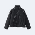 Black. A black lightweight jacket with gray geometric stripe details, shown flat.