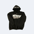 Black. A black zip-up hoodie with a white and gray graphic print on the front and NEVER TWIN in white on the hood.