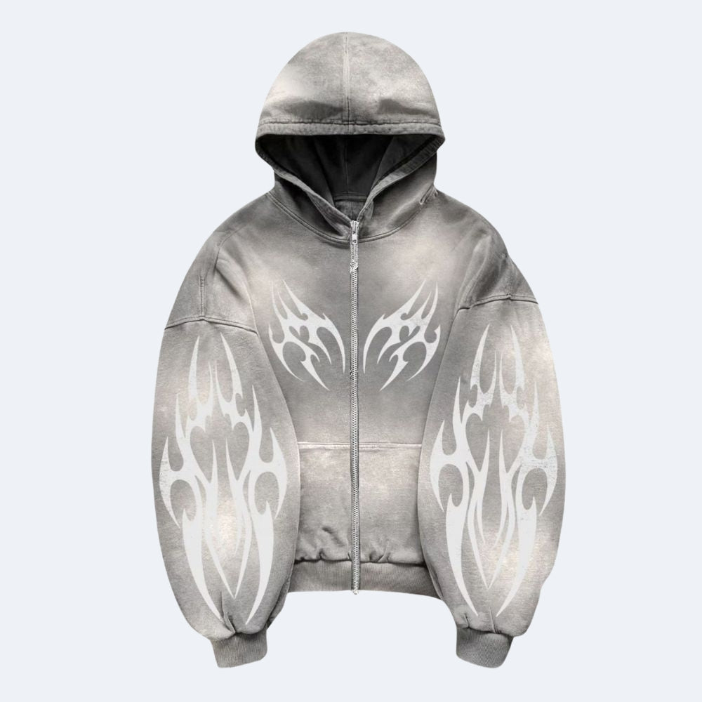 Gray. A gray zip-up hoodie with a washed, faded finish, featuring white tribal wing and flame graphics on the chest and both sleeves.