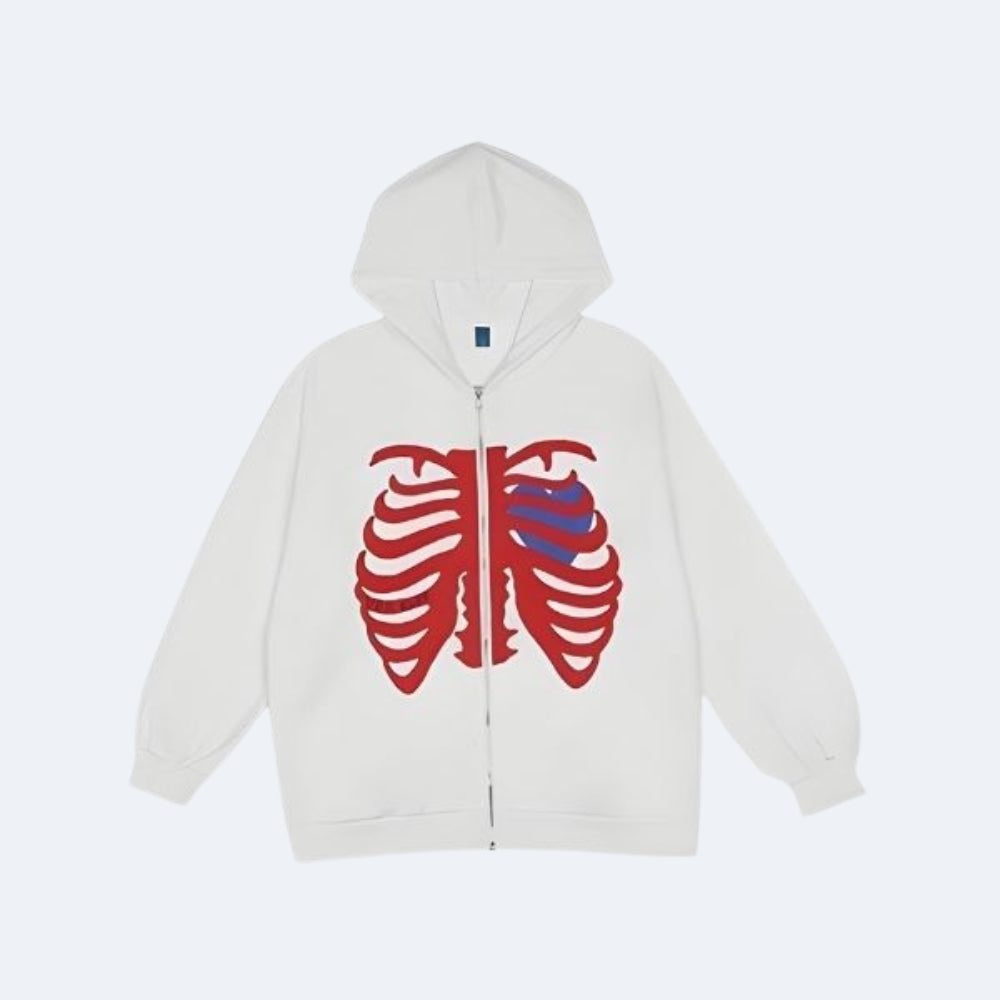 White. An off-white zip-up hoodie with a graphic of a red rib cage and a blue-and-red striped heart on the chest.