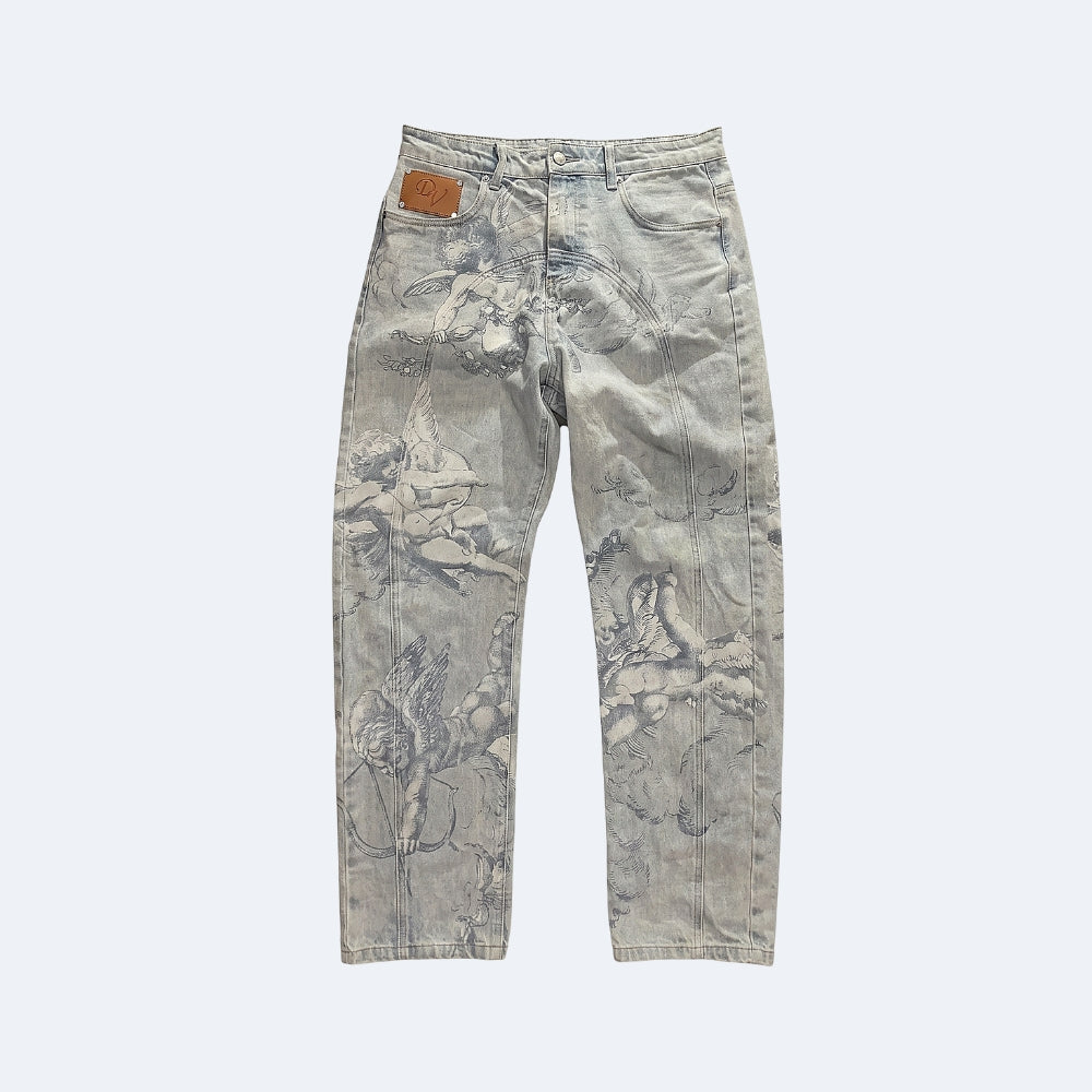 Off-White. A pair of light gray washed denim jeans featuring a detailed black ink sketch print of classical figures and mythological scenes, shown flat.