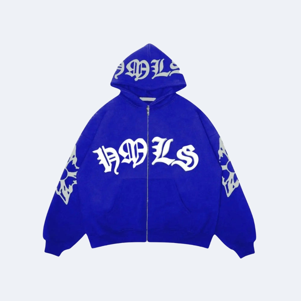 Royal Blue. A royal blue zip-up hoodie with white Gothic lettering on the front, hood, and sleeves.