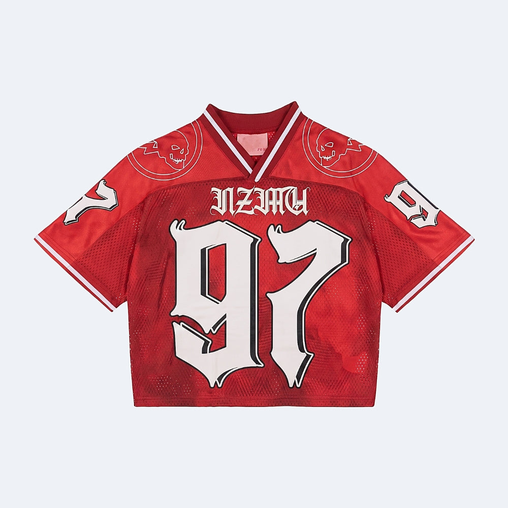 Red. A red short-sleeve jersey with a mesh texture, featuring NZAHY and the number 97 in a stylized white font, with skull graphics on the shoulders.
