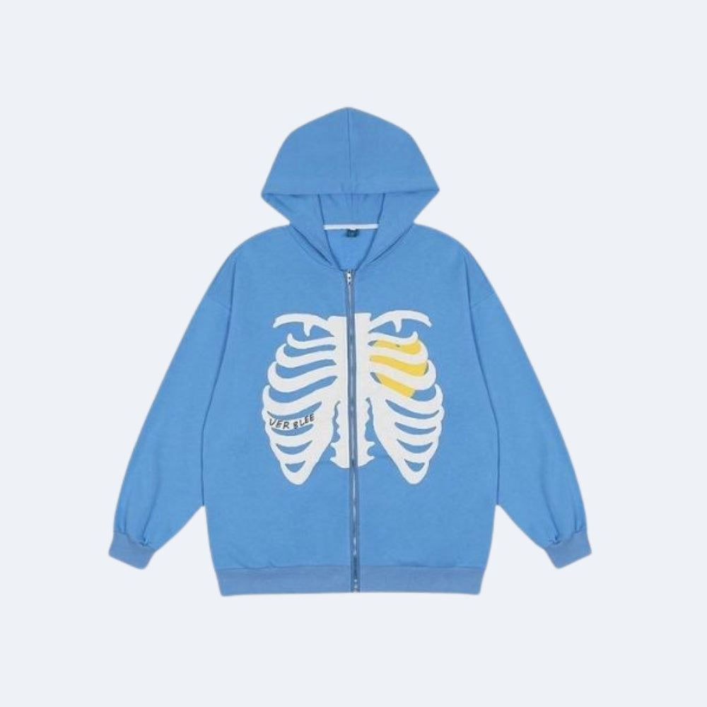 Blue. A light blue zip-up hoodie featuring a white rib cage graphic on the front, with one side highlighted in yellow, displayed flat.