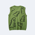 Green. A sleeveless knit sweater vest in olive green, shown from the back, featuring black hand-knit dinosaur illustrations.