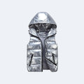Silver. A shiny silver puffer vest with a hood, shown flat.