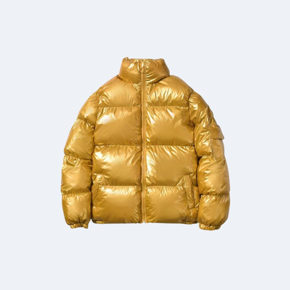 Gold. A shiny metallic gold puffer jacket with a high collar and front zipper.