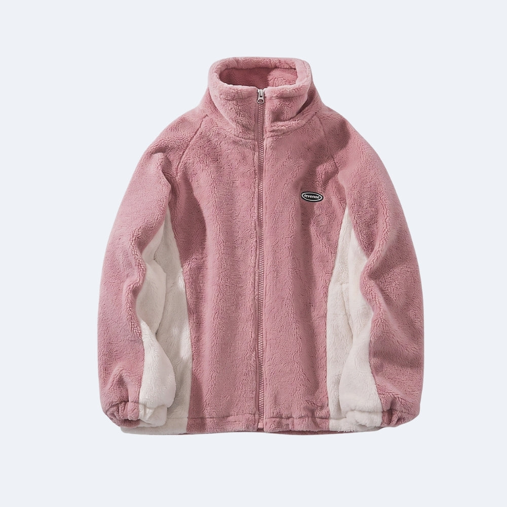 Pink. A pink and off-white fleece zip-up jacket with a stand-up collar and a small oval chest logo.