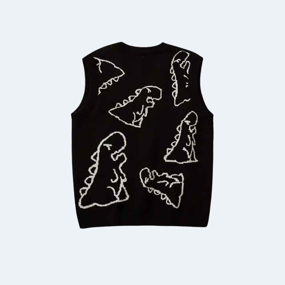 Black. A black sleeveless knit sweater vest featuring white hand-knit dinosaur silhouette patterns across the front.